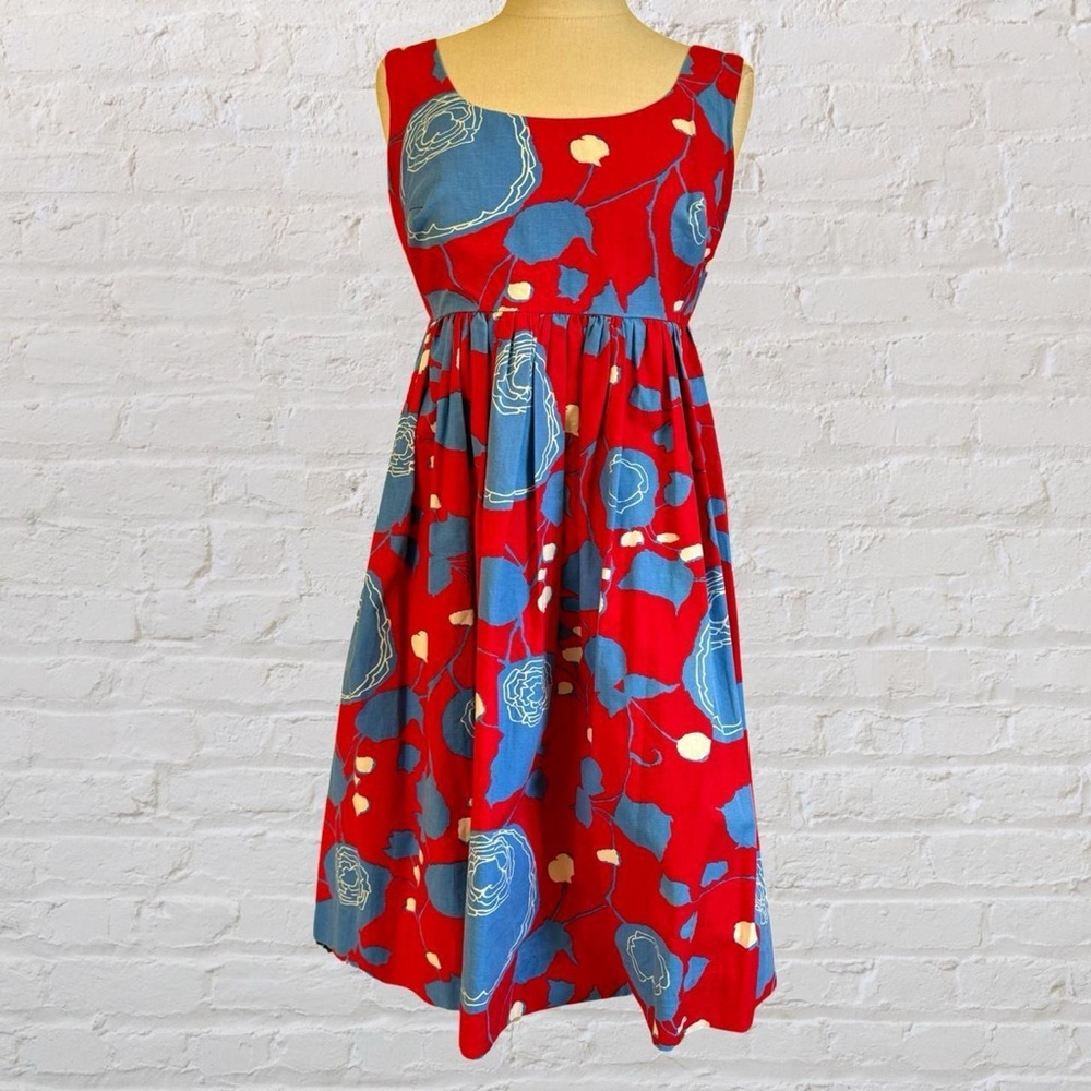 Vintage Blue and Red Casual Sleeveless Dress with Floral Pattern